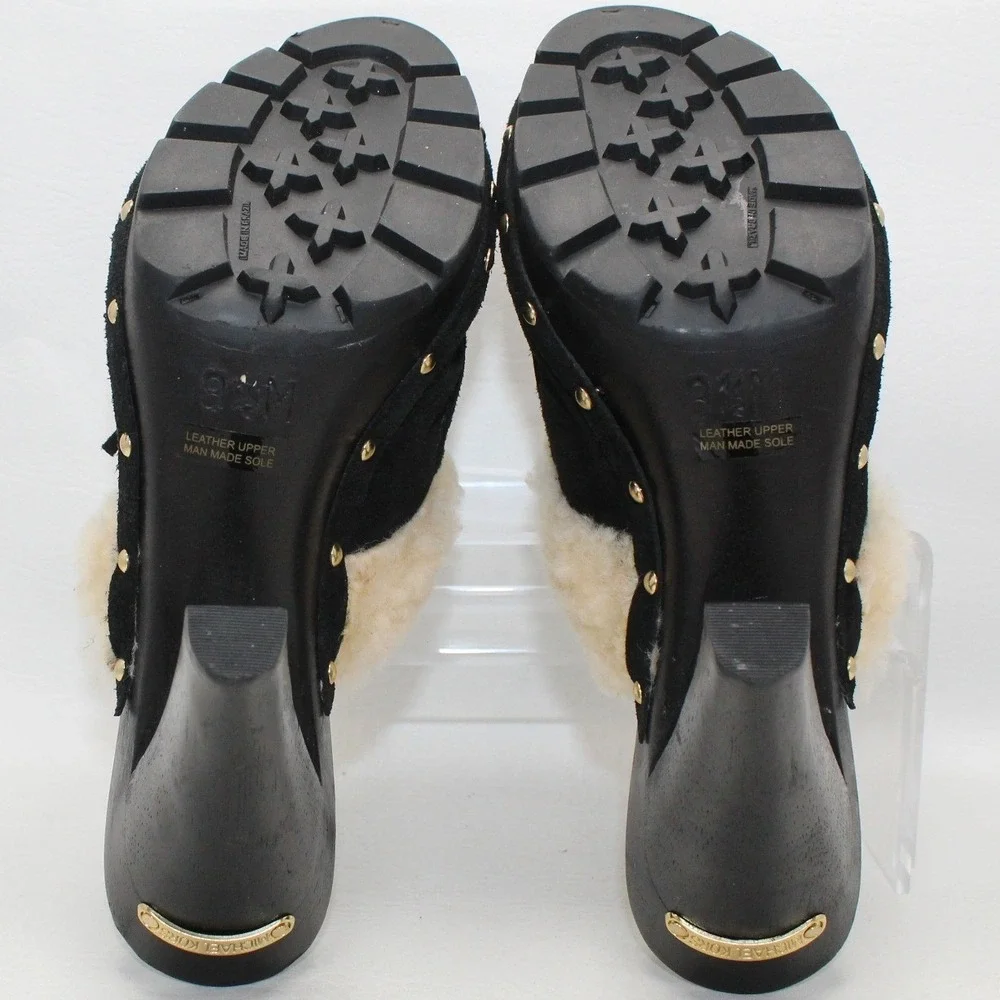Michael Kors Black Suede‎ Shearling Trim Studded Platform Clogs Heels 8.5M NWOB